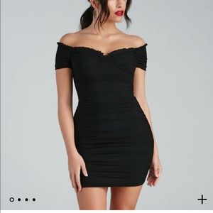 Mesh mini dress, off-the-shoulder, Back zipper, hook-eye closure.